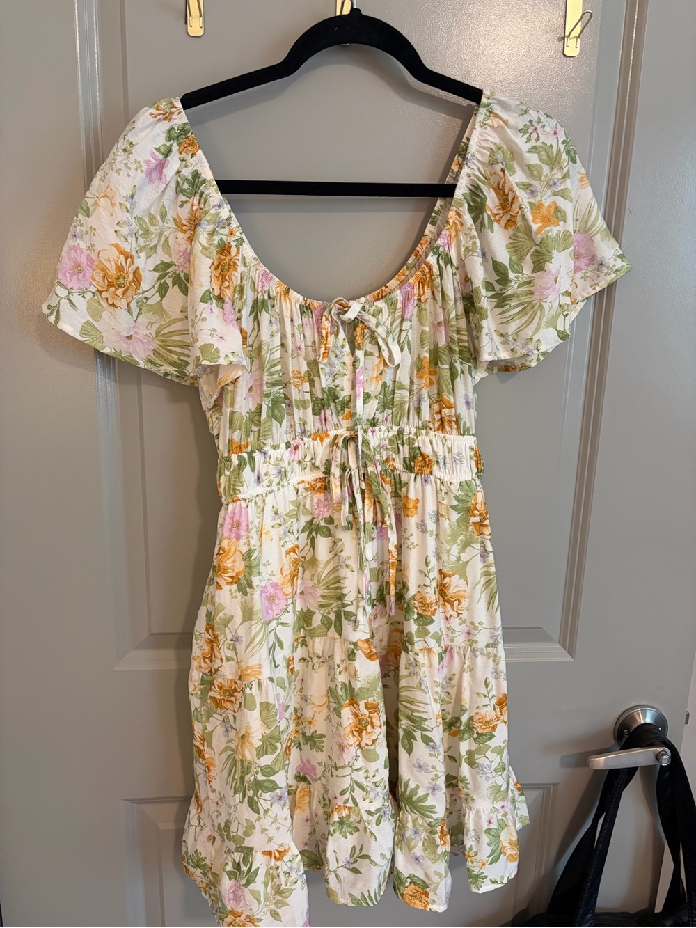 Blu Pepper Cream Floral Short Dress with Green and Yellow Accents